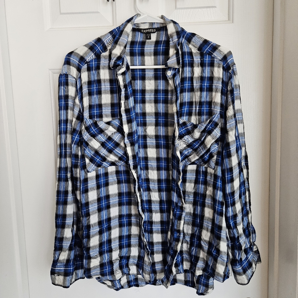 Express Blue Plaid Button-Up Shirt Size M
